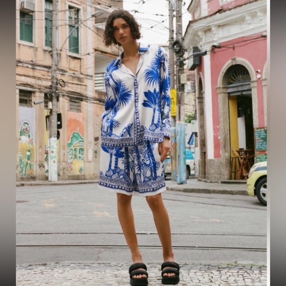 Zara Blue and White satin Shorts and shirt